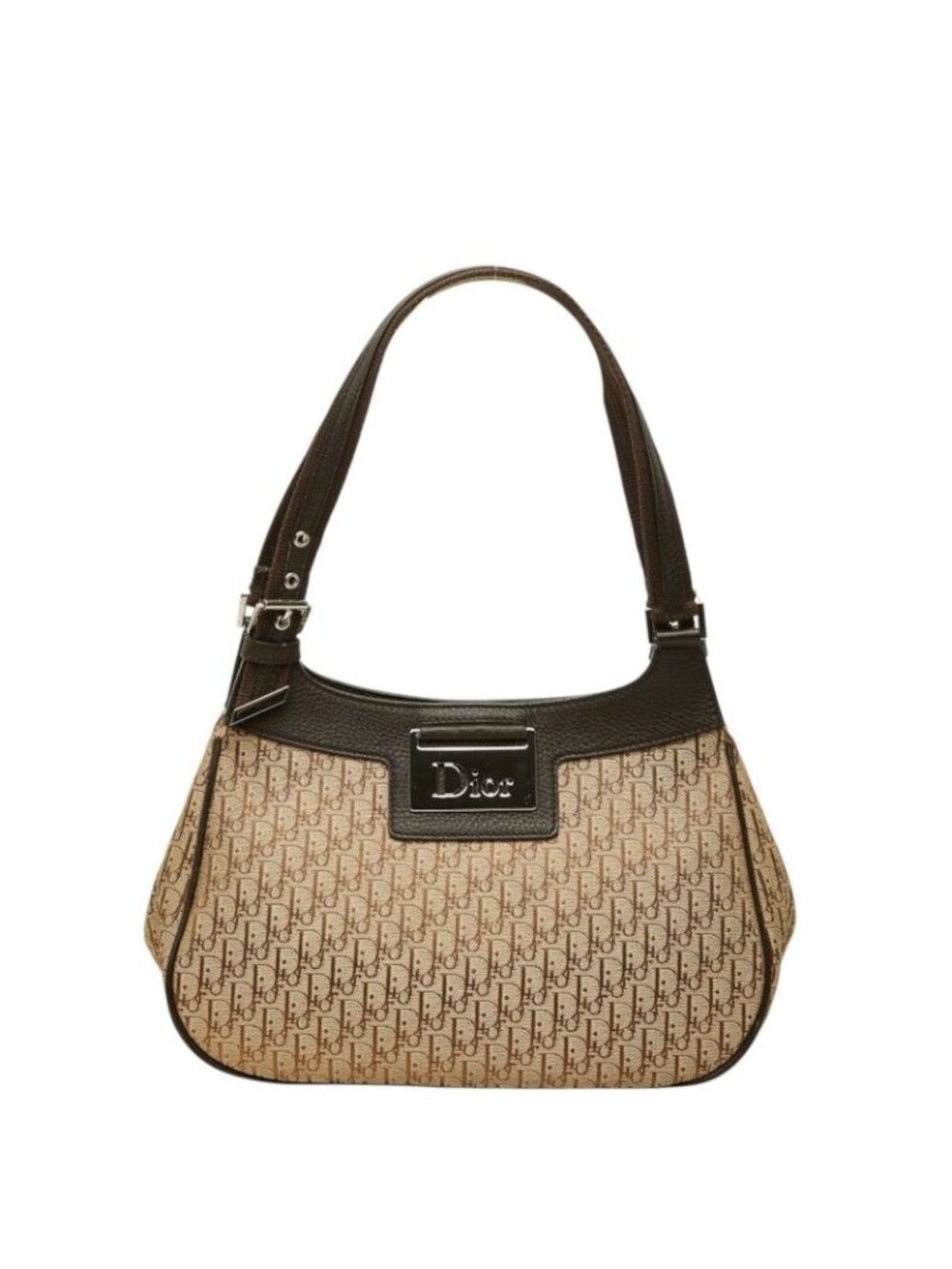 Dior Trotter Oblique Street Chic Logo Plate Handbag Bag Beige Canvas Leather